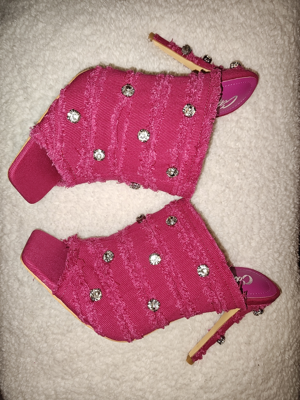 Fuchsia Rhinestone Frayed Strap Heeled Mules - Picture 2 of 4